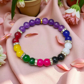 Stretchable bracelet made of 7 types of agate stones (Hakik) combined with Amethyst (Jamunia), featuring 8mm polished beads and certified for spiritual healing