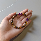 Tiger Eye and Amethyst Bracelet with 8mm polished beads on a white background, stretchable and lab certified