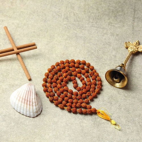 Combo of 5 Mukhi Rudraksha Mala & Red Pooja Aasan with Gomukhi Bag | Lab Certified
