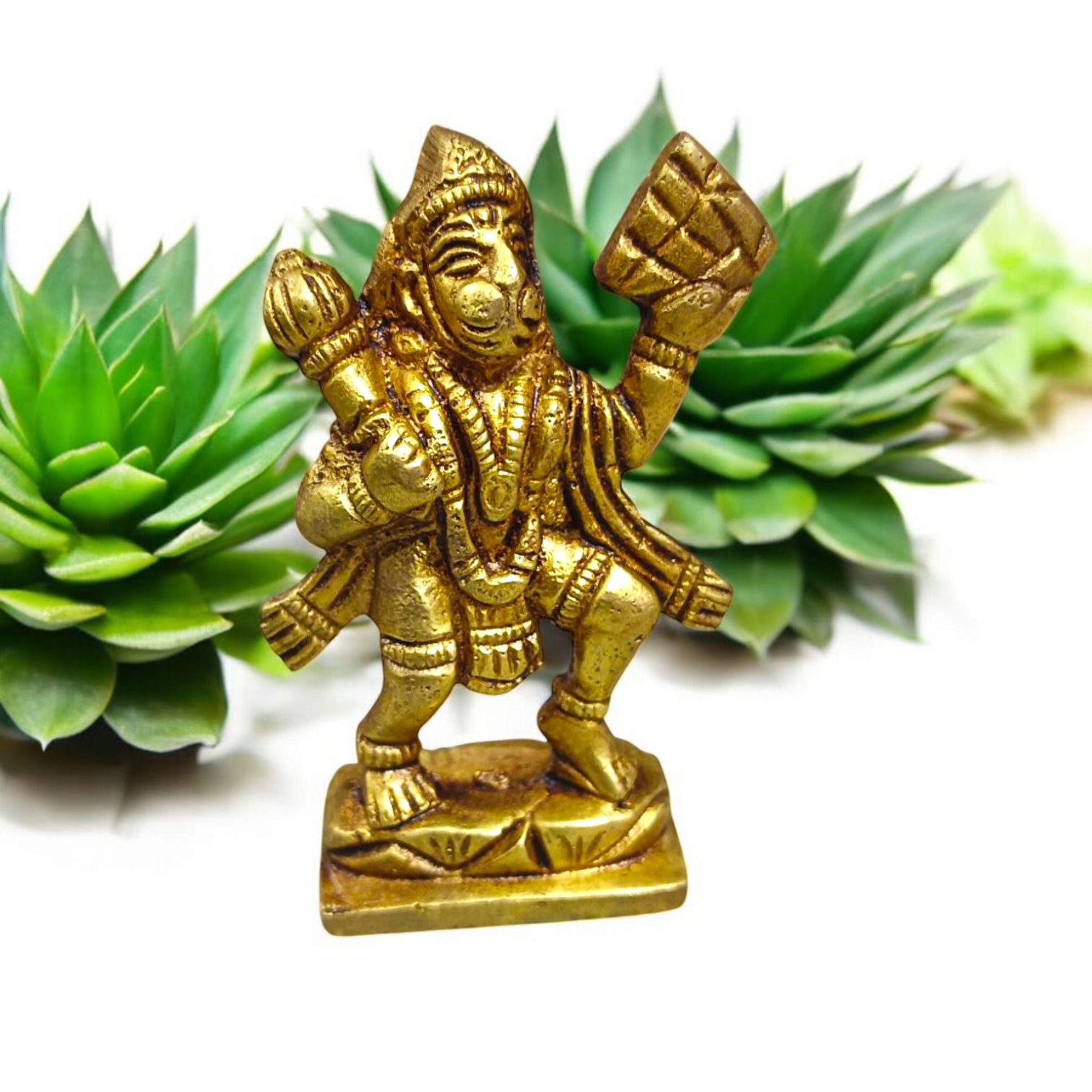Brass Hanuman Ji Idol carrying the Sanjeevani mountain, symbolizing strength, devotion, and divine protection