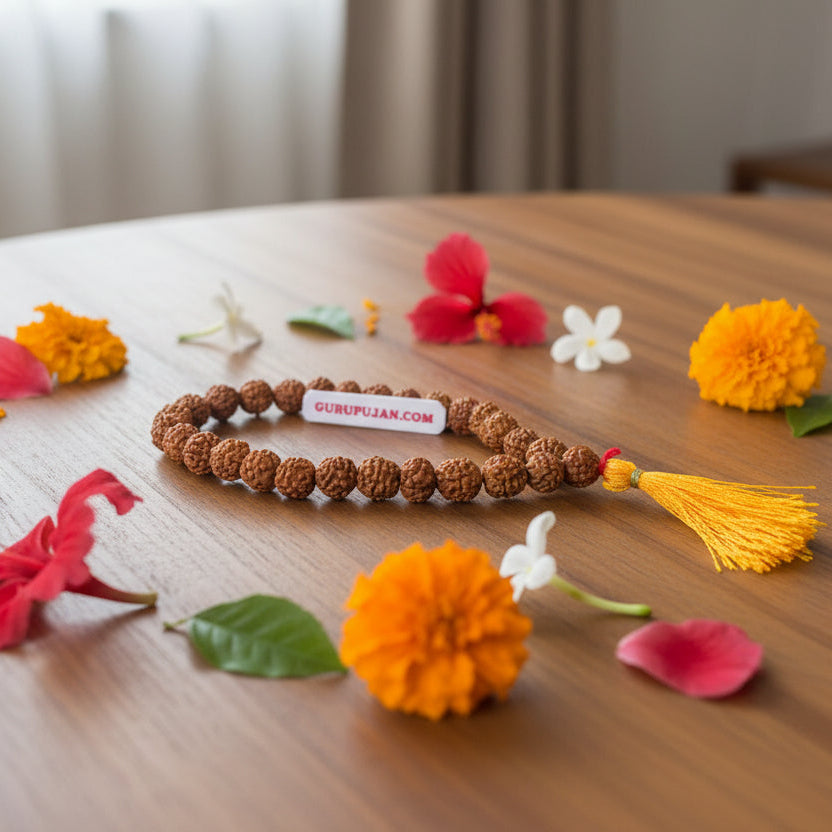 27+1 Beads Rudraksha Mala, lab-certified 5 Mukhi Rudraksha Jaap Mala by Gurupujan, ideal for chanting and meditation on the go.