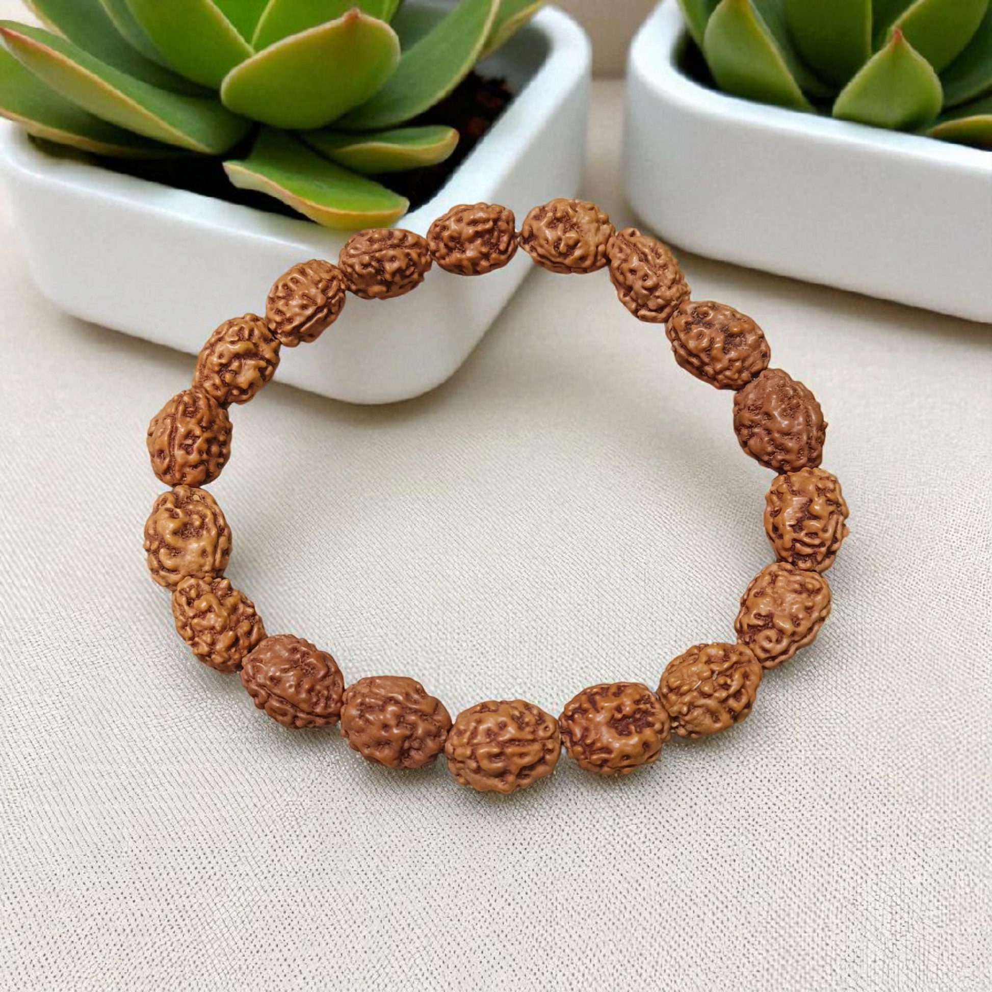 3 Mukhi Rudraksha Bracelet with natural brown beads on stretchable thread, lab certified for spiritual healing and confidence
