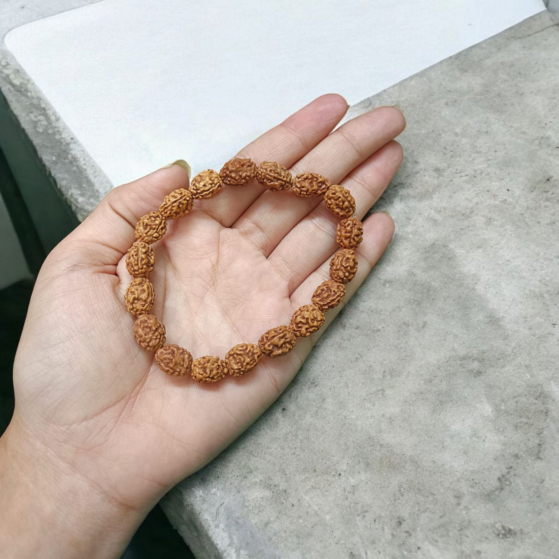 3 Mukhi Rudraksha Bracelet with natural brown beads on stretchable thread, lab certified for spiritual healing and confidence