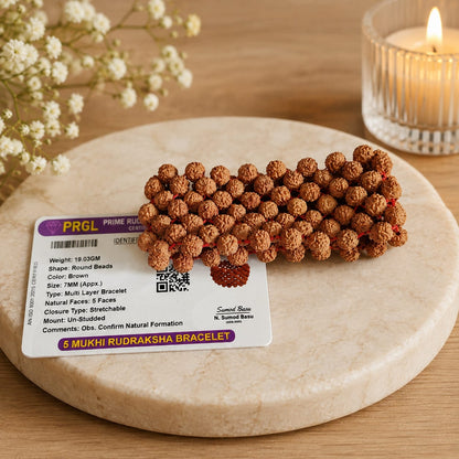 5 Mukhi Rudraksha Bracelet 7MM Multi Layer Stretchable Lab Certified for Spiritual Wellness