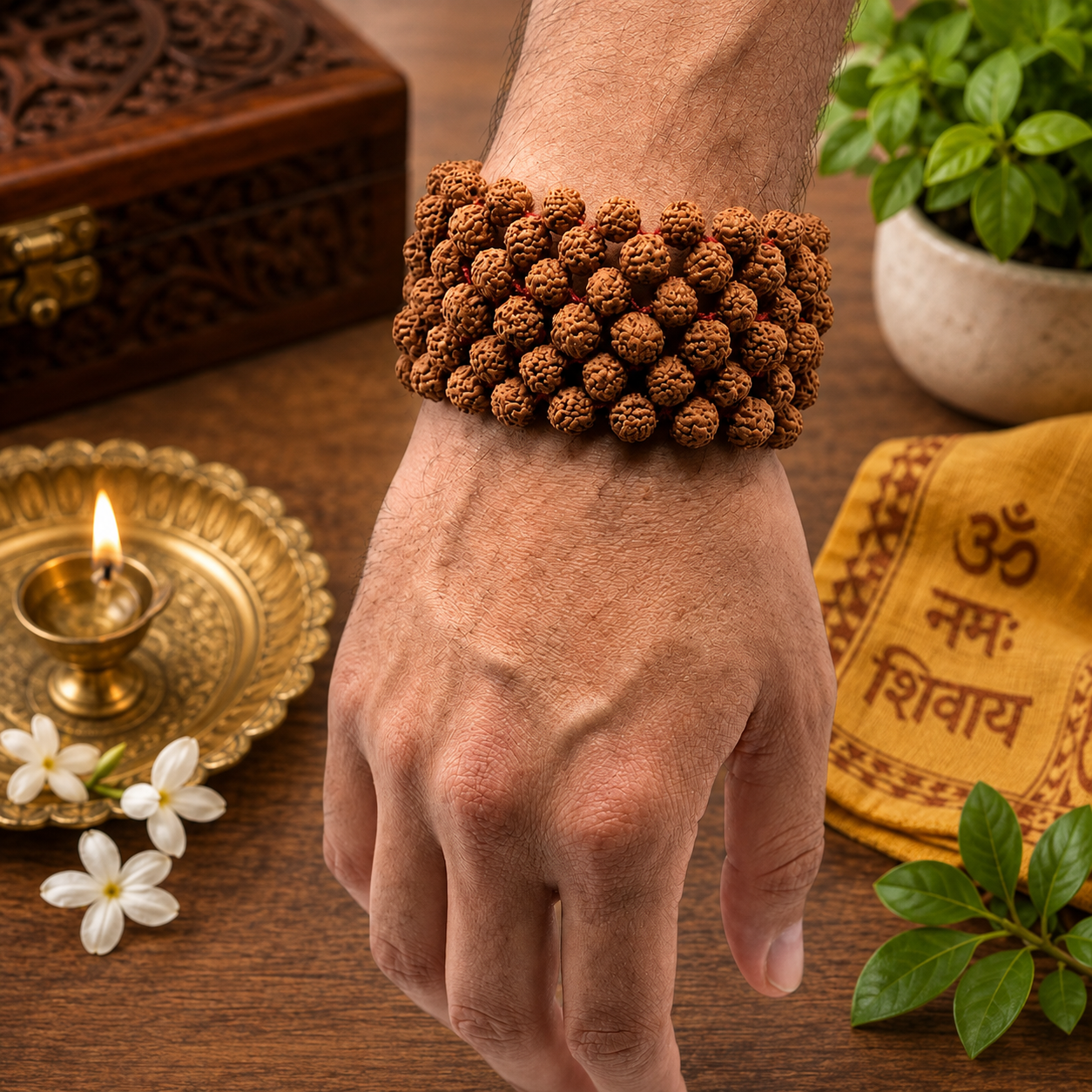 5 Mukhi Rudraksha Bracelet 7MM Multi Layer Stretchable Lab Certified for Spiritual Wellness