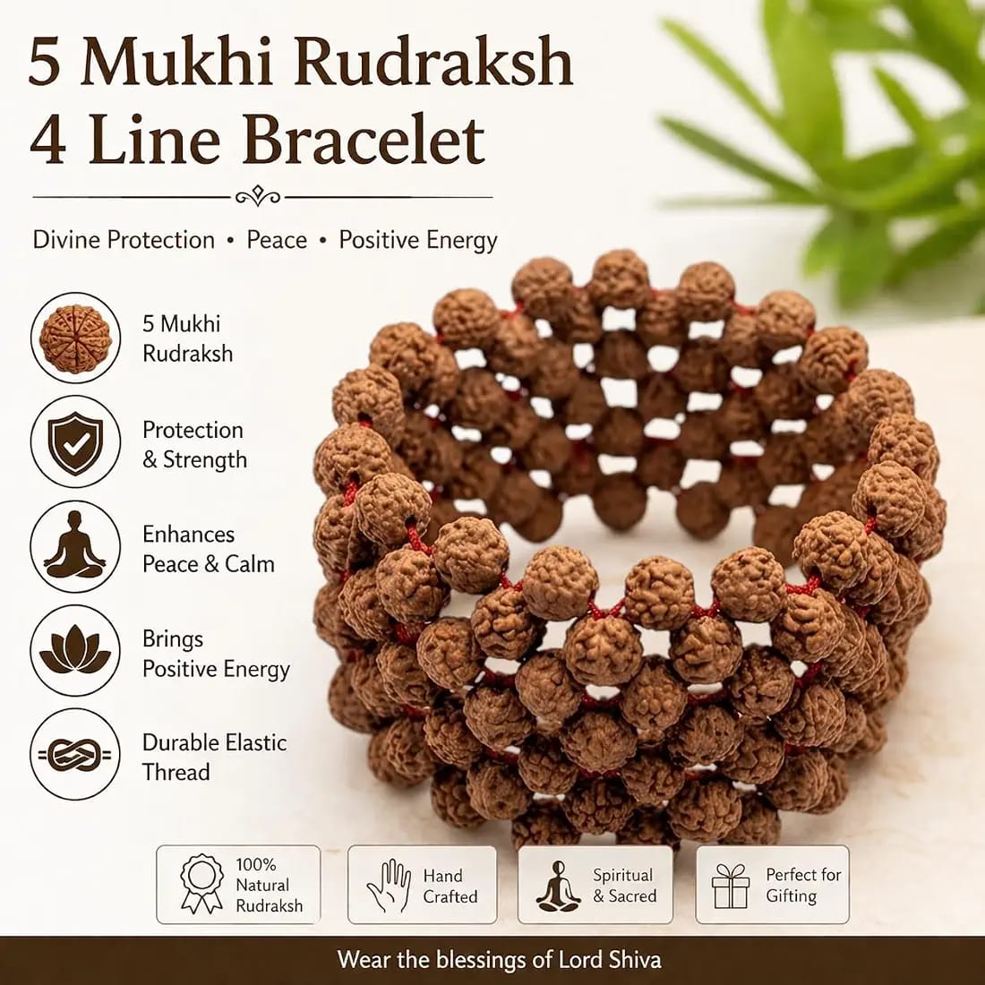5 Mukhi Rudraksha Bracelet 7MM Multi Layer Stretchable Lab Certified for Spiritual Wellness