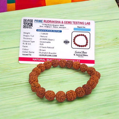 5 Mukhi Rudraksha Bracelet made with natural 8MM beads, lab certified, stretchable design, perfect for blessings of Shiva and daily wear.