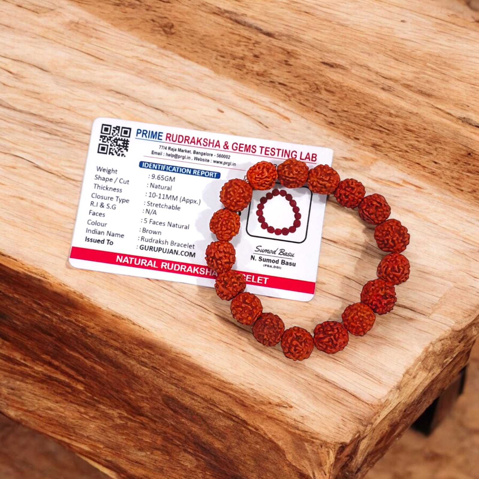 5 Mukhi Rudraksha Bracelet with 11MM natural beads, lab certified, stretchable design, perfect for blessings of Shiva and meditation.