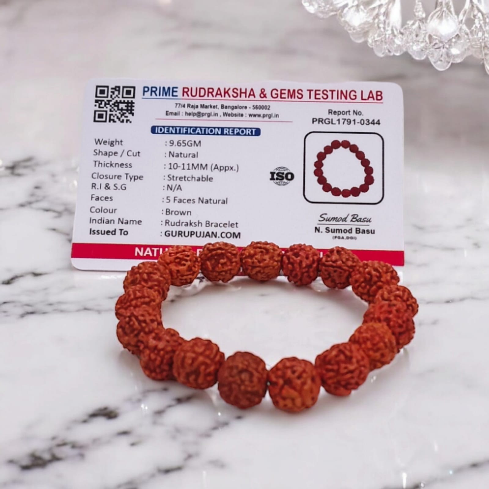 5 Mukhi Rudraksha Bracelet with 11MM natural beads, lab certified, stretchable design, perfect for blessings of Shiva and meditation.