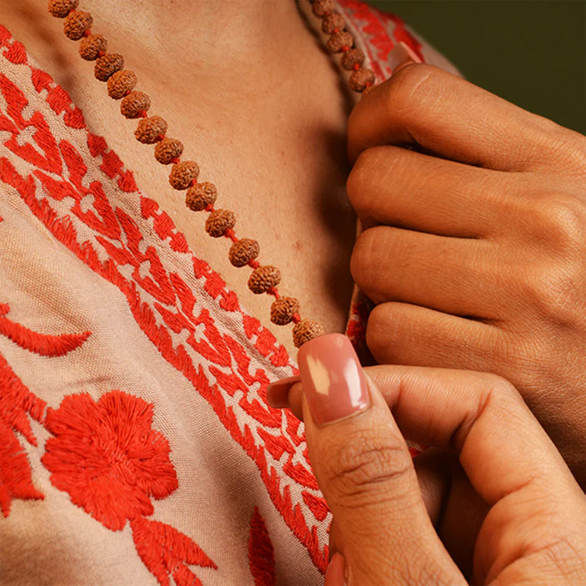 6 Mukhi Rudraksha Mala with 108+1 beads, lab certified and energized, ideal for positivity and spiritual practice.