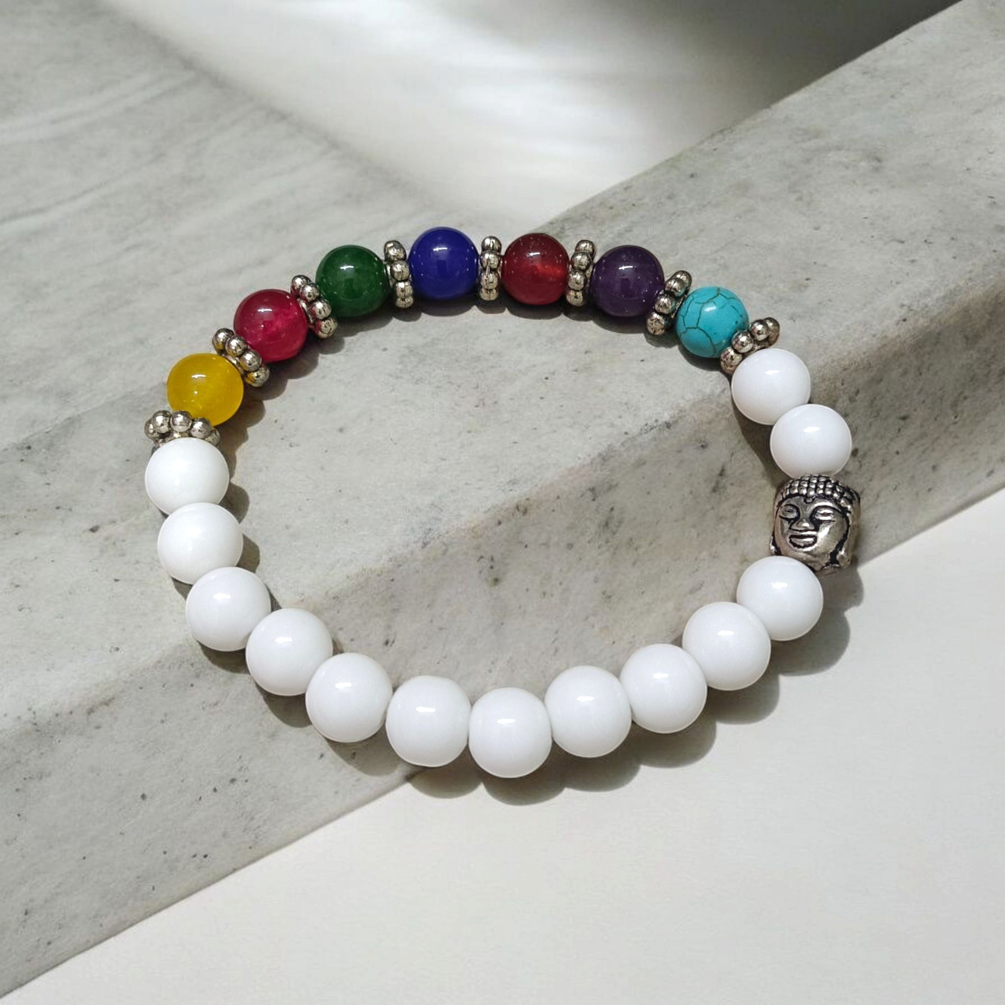 7 Chakra Bracelet featuring colorful healing stones and white Howlite beads, stretchable and lab-certified for spiritual balance