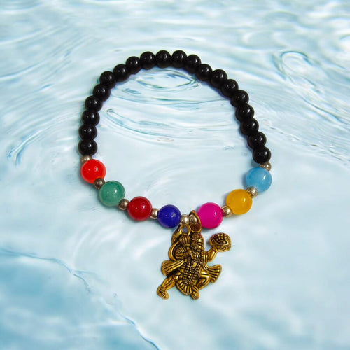 7 Chakra Bracelet with Black Agate & Hanuman Symbol for Protection