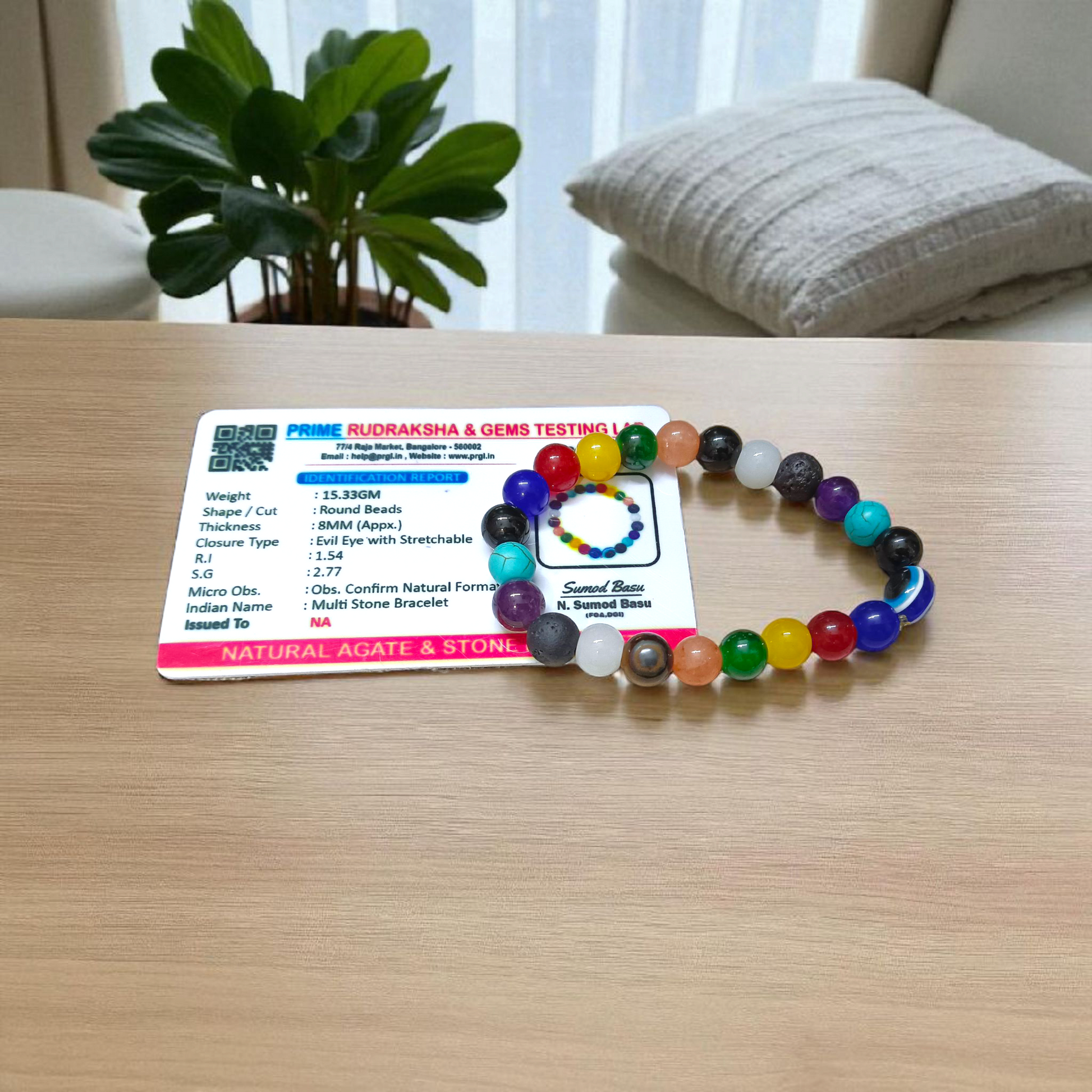 7 Chakra Healing Bracelet with Mix Agate & Evil Eye Beads on White Background