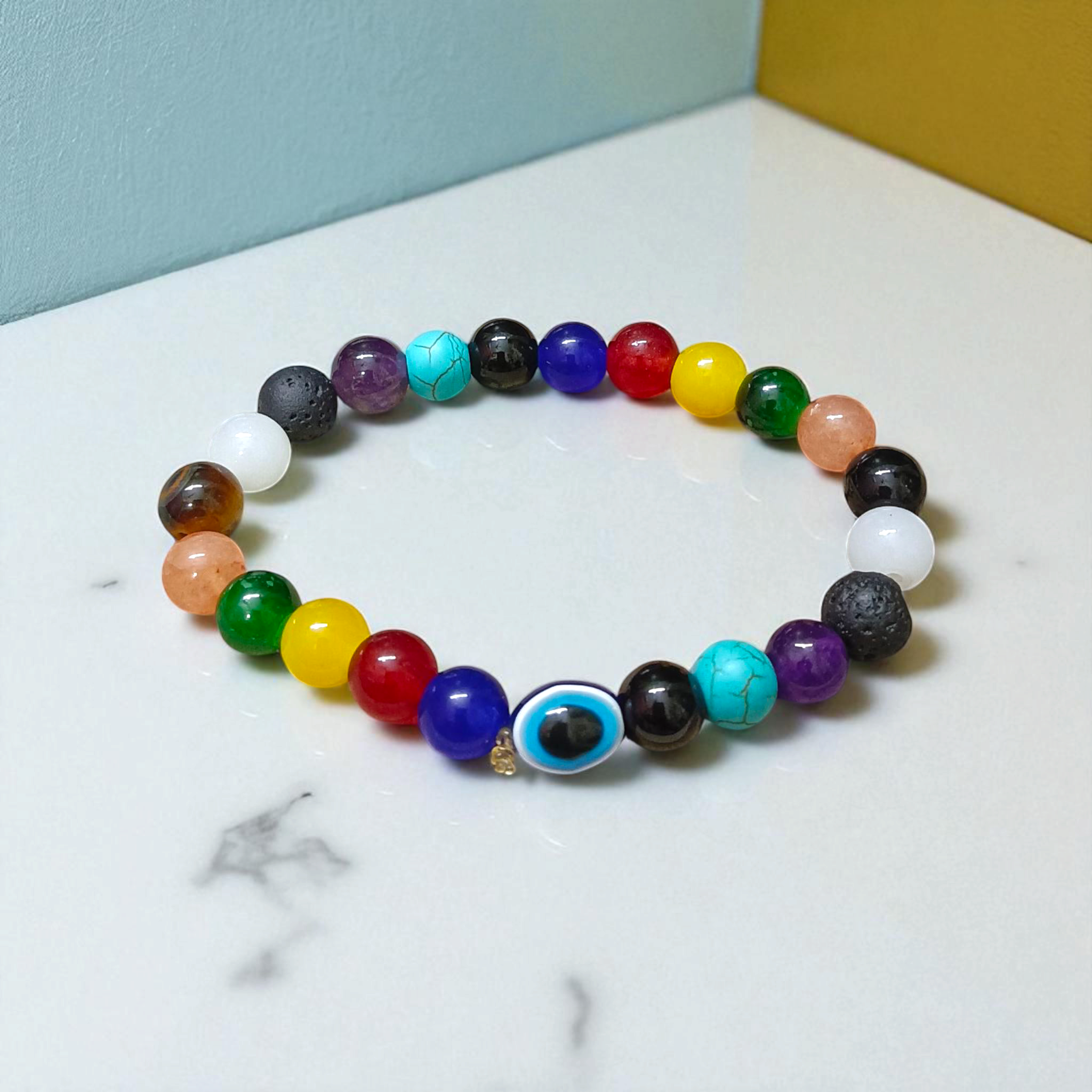 7 Chakra Healing Bracelet with Mix Agate & Evil Eye Beads on White Background
