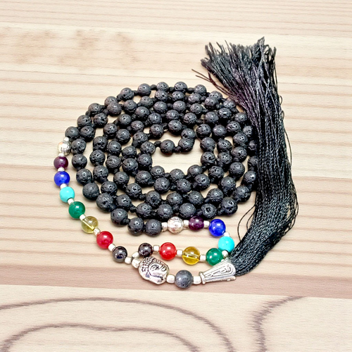 7 Chakra Lava Beads Mala with Agate & Buddha Charm Lab Certified