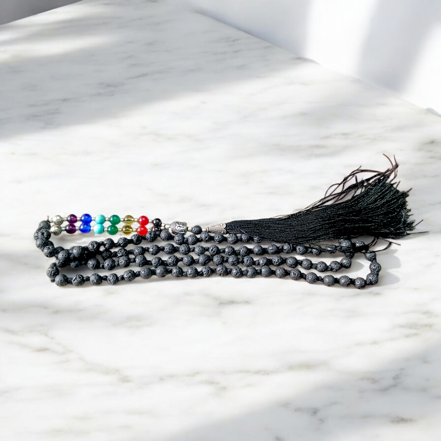 7 Chakra Mala with 6mm Lava and Agate Beads featuring Buddha Charm for Meditation and Healing