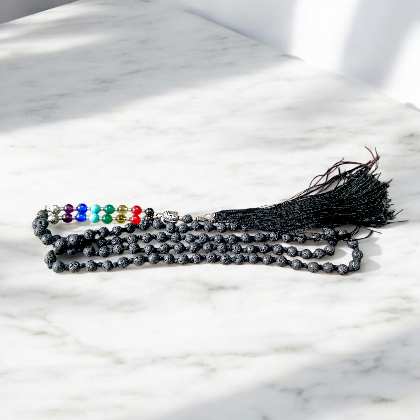 7 Chakra Mala with 6mm Lava and Agate Beads featuring Buddha Charm for Meditation and Healing