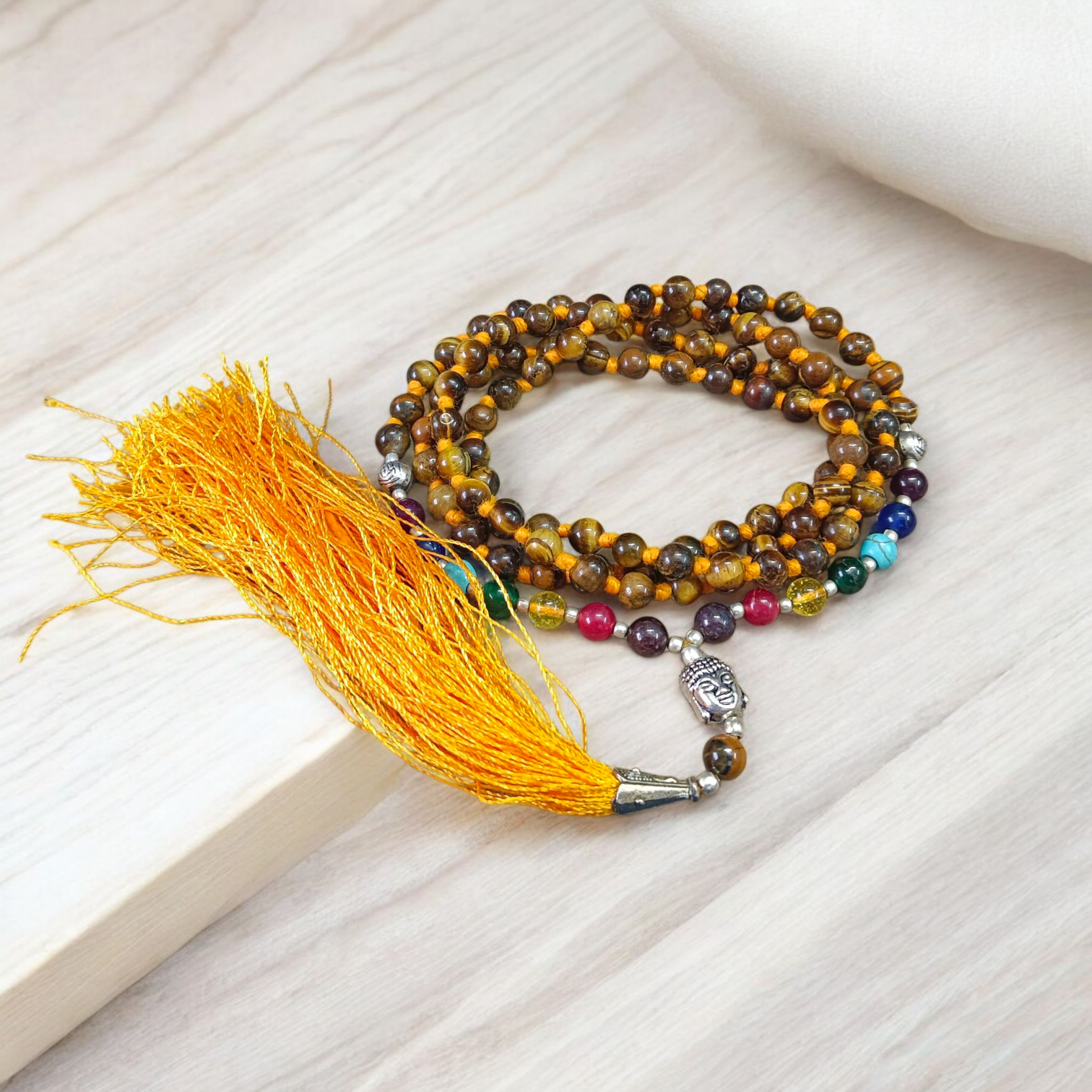 7 Chakra Mala with Tiger Eye, Agate Stones, and Buddha Charm – Lab Certified Meditation & Healing Beads