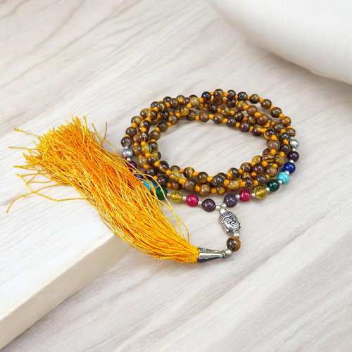 7 Chakra Tiger Eye Mala with Agate Stones & Buddha Charm – Meditation & Healing