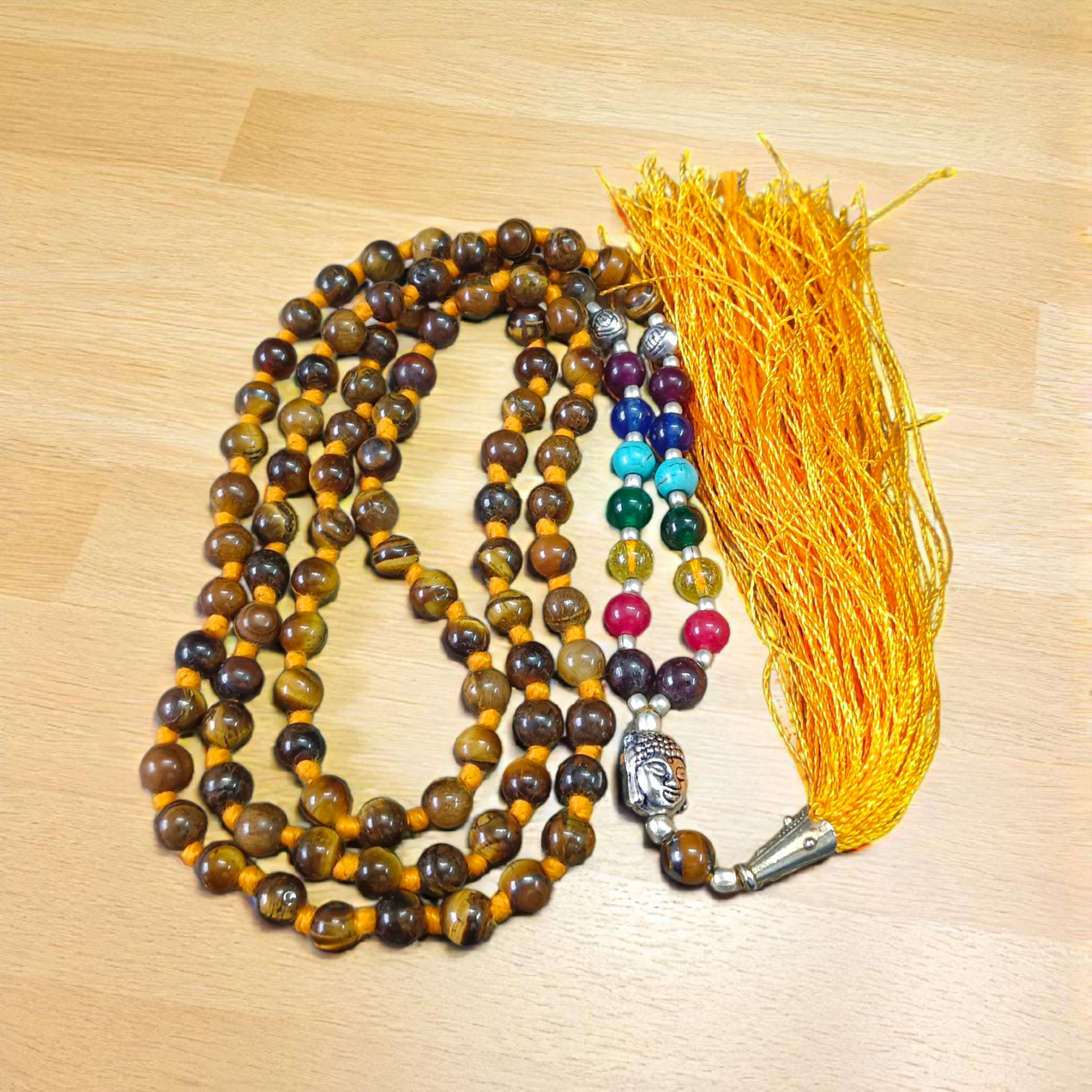 7 Chakra Mala with Tiger Eye, Agate Stones, and Buddha Charm – Lab Certified Meditation & Healing Beads