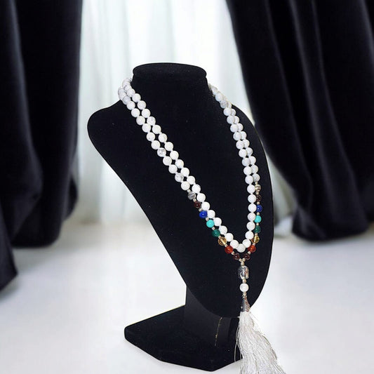 7 Chakra with White Agate Mala featuring seven vibrant chakra stones and white agate beads for energy balance, spiritual healing, and calmness