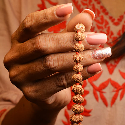 7 Mukhi Rudraksha Mala blessed by Mahalakshmi, lab-certified for wealth attraction, available in 27+1, 54+1, and 108+1 bead variants by Gurupujan.