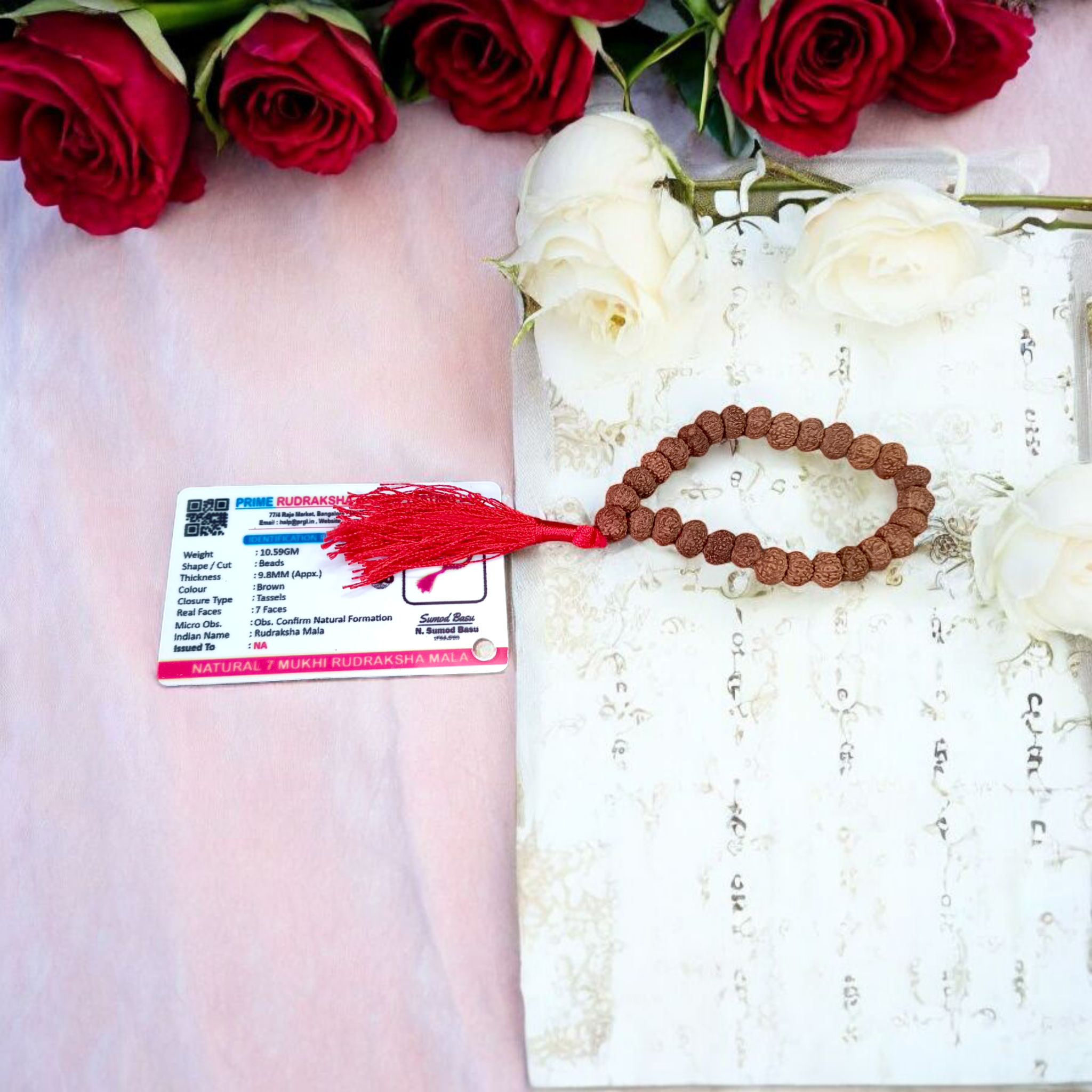 7 Mukhi Rudraksha Mala blessed by Mahalakshmi, lab-certified for wealth attraction, available in 27+1, 54+1, and 108+1 bead variants by Gurupujan