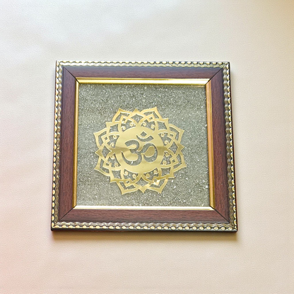 7x7 Inch Om Shanti Yantra mounted on raw Pyrite crystal in a Vastu-aligned wooden frame for peaceful home and spiritual décor