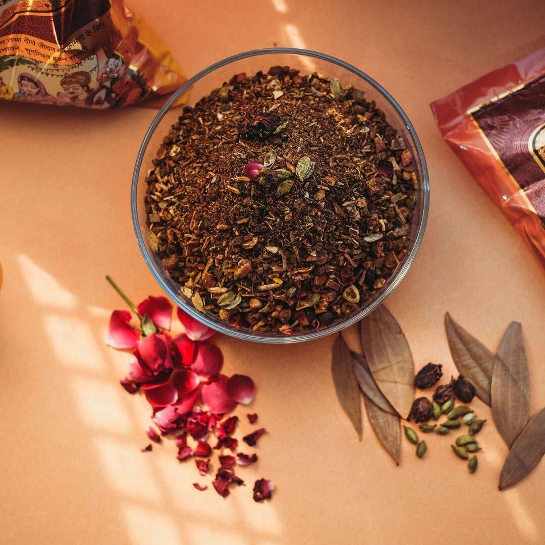 A 250GM pack of Hawan Samagri, containing a blend of sacred herbs, ghee, and wood, perfect for performing religious fire rituals and poojas.