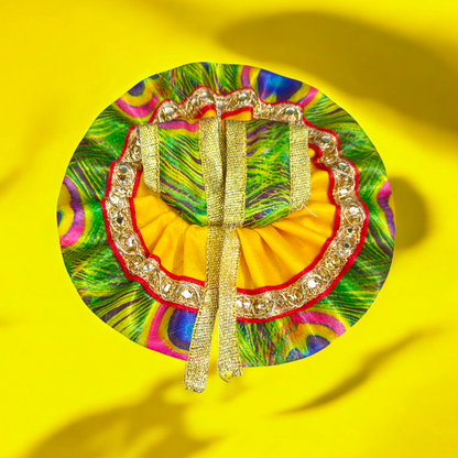 A Peacock Style Dress for Laddu Gopal idols, designed for size 1 No. Krishna idols, featuring intricate details and vibrant colors for a divine and regal appearance.