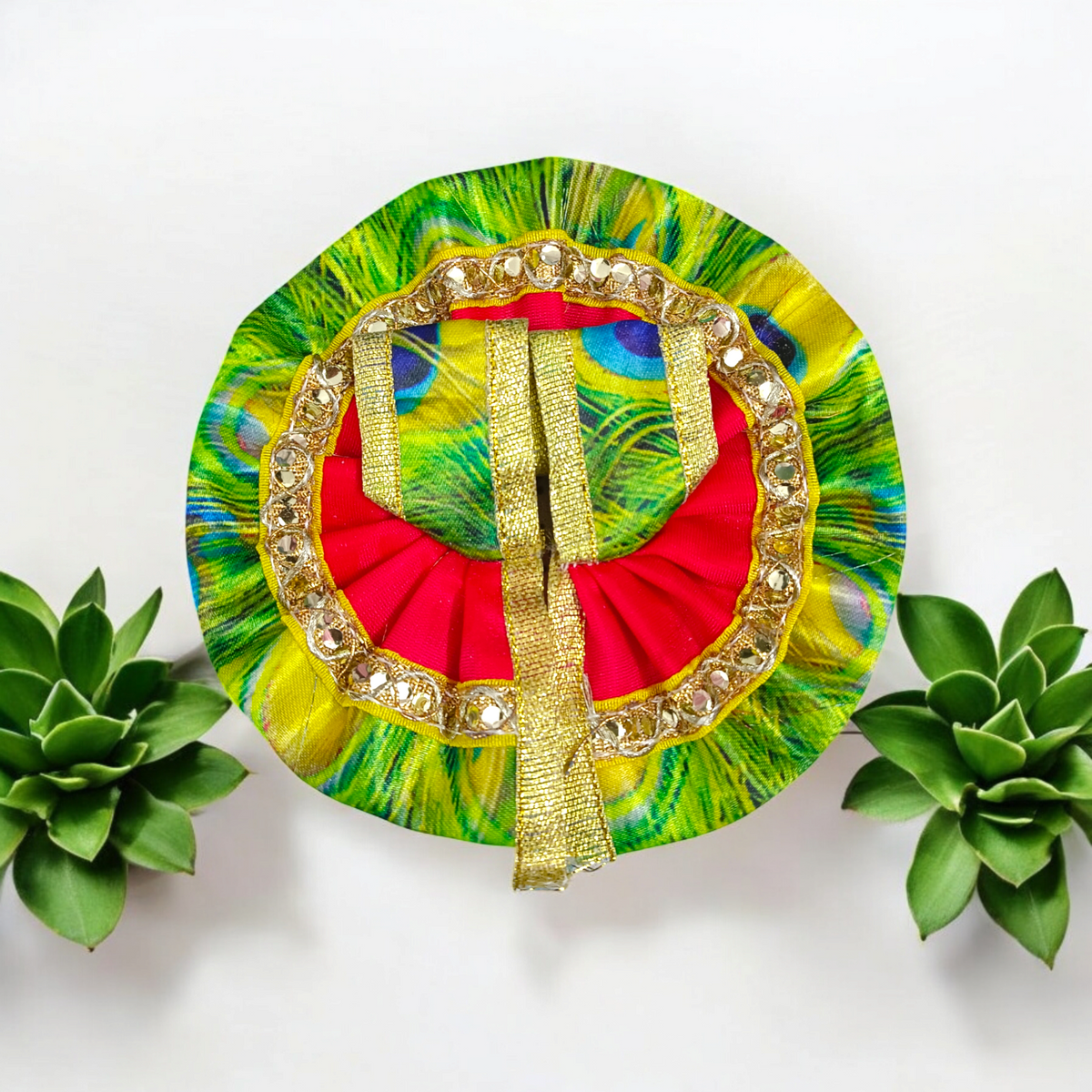 A Peacock Style Dress for Laddu Gopal idols, designed for size 1 No. Krishna idols, featuring intricate details and vibrant colors for a divine and regal appearance.