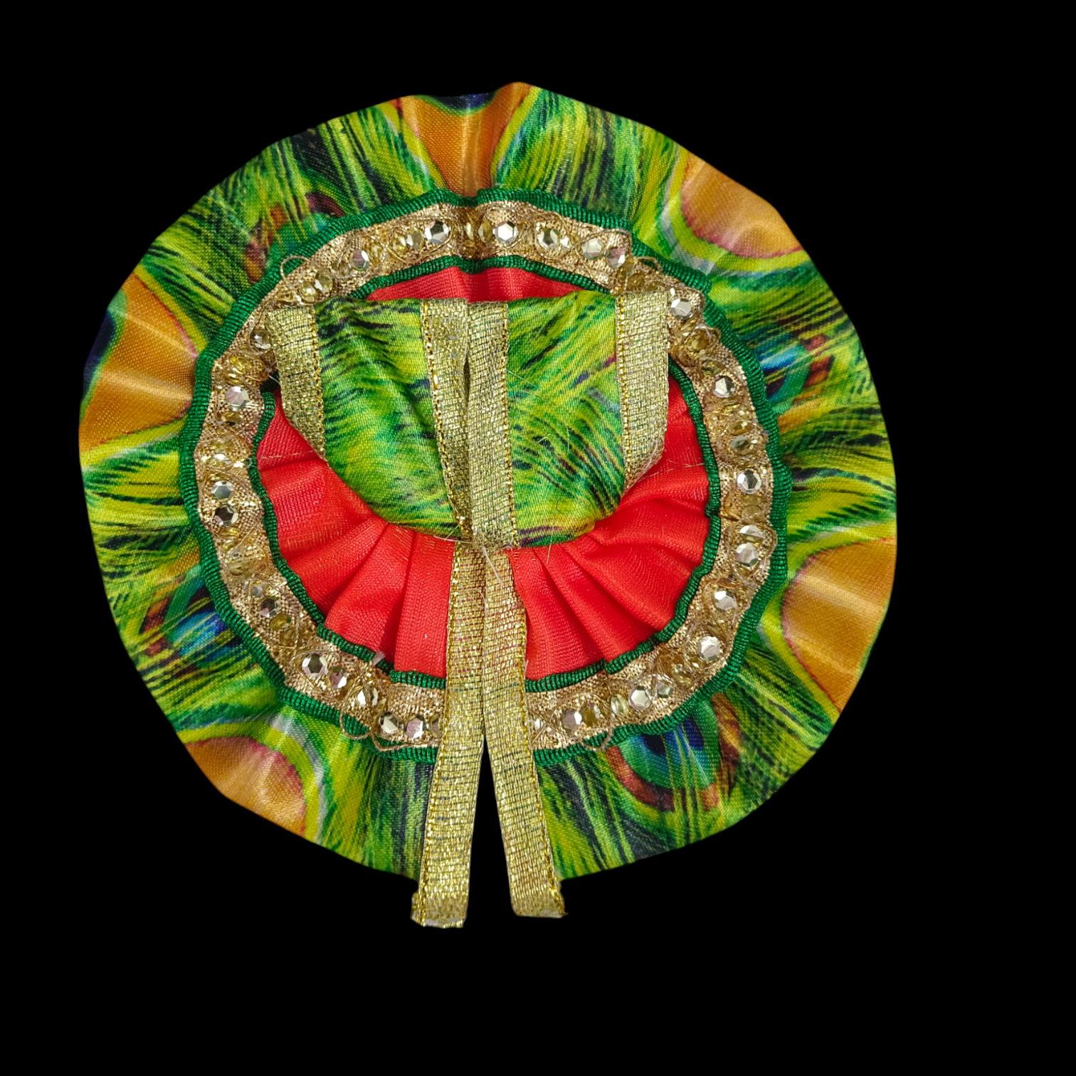 A Peacock Style Dress for Laddu Gopal idols, designed for size 1 No. Krishna idols, featuring intricate details and vibrant colors for a divine and regal appearance.