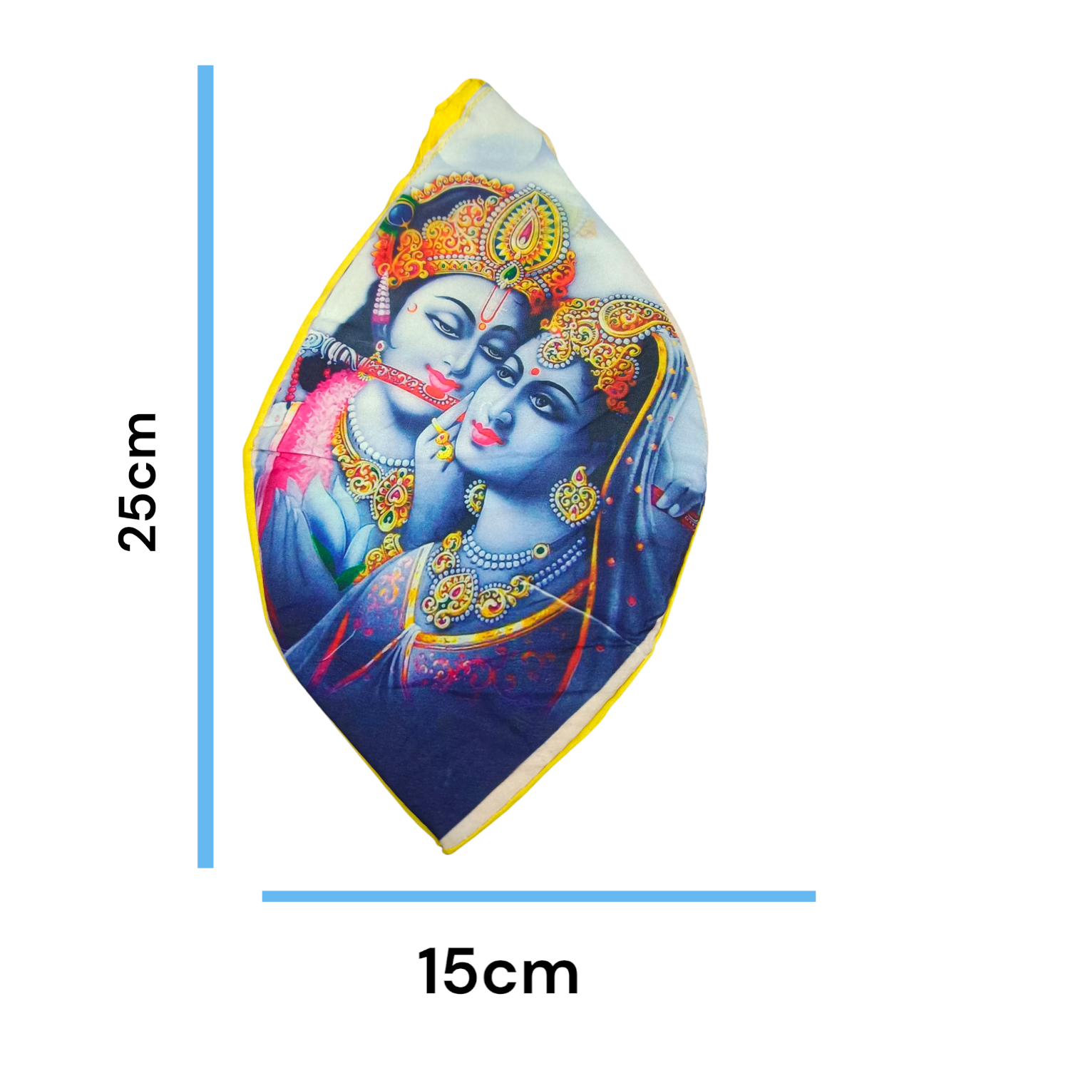 A Radha Krishna Gomukh Bag with a vibrant digital colourful print, ideal for storing prayer beads and spiritual essentials during mantra japa.