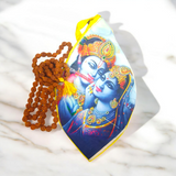 A Radha Krishna Gomukh Bag with a vibrant digital colourful print, ideal for storing prayer beads and spiritual essentials during mantra japa.