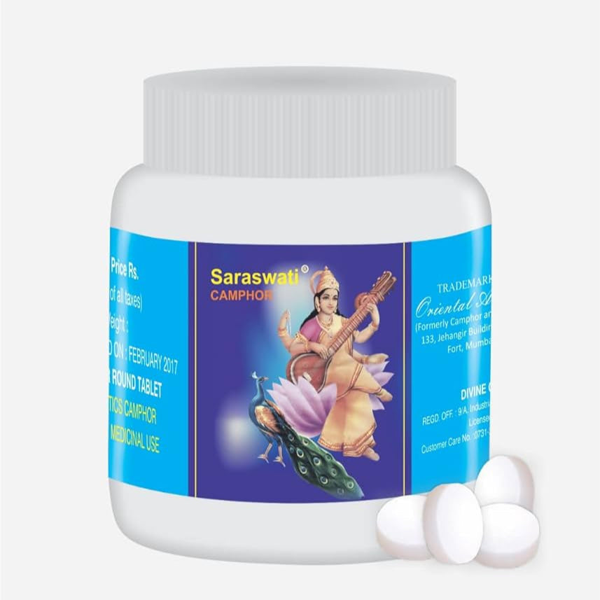 A Saraswati Kapur tablet made of pure camphor, ideal for spiritual rituals, purification, and promoting focus.