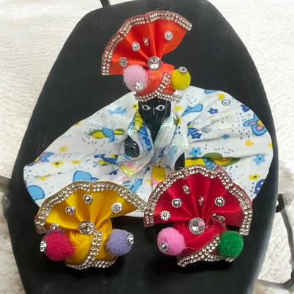 A Set of 3 Laddu Gopal Pagdis (crowns) for size 1 No. Krishna idols, designed to enhance the divine appearance of your Bal Gopal idol during worship and festivals.