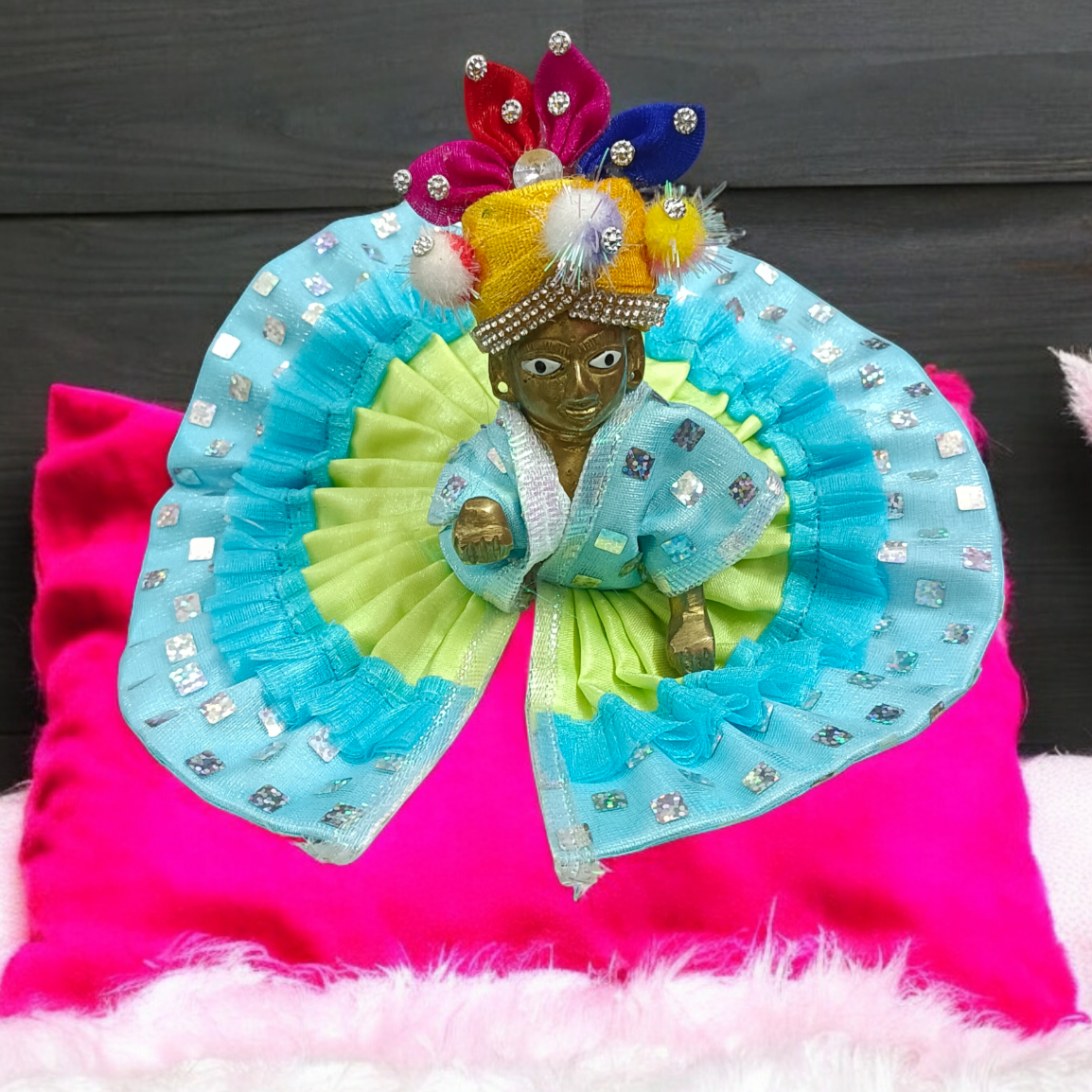A Set of 4 Laddu Gopal Pagdis (crowns) designed for size 5 No. Krishna idols, perfect for adorning your Bal Gopal idol during worship and festivals.