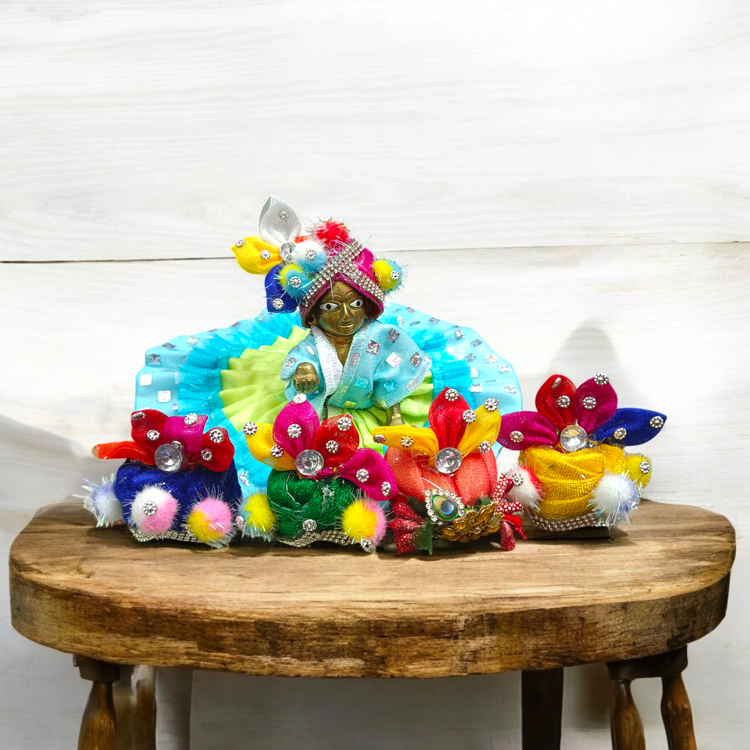 A Set of 4 Laddu Gopal Pagdis (crowns) designed for size 5 No. Krishna idols, perfect for adorning your Bal Gopal idol during worship and festivals.