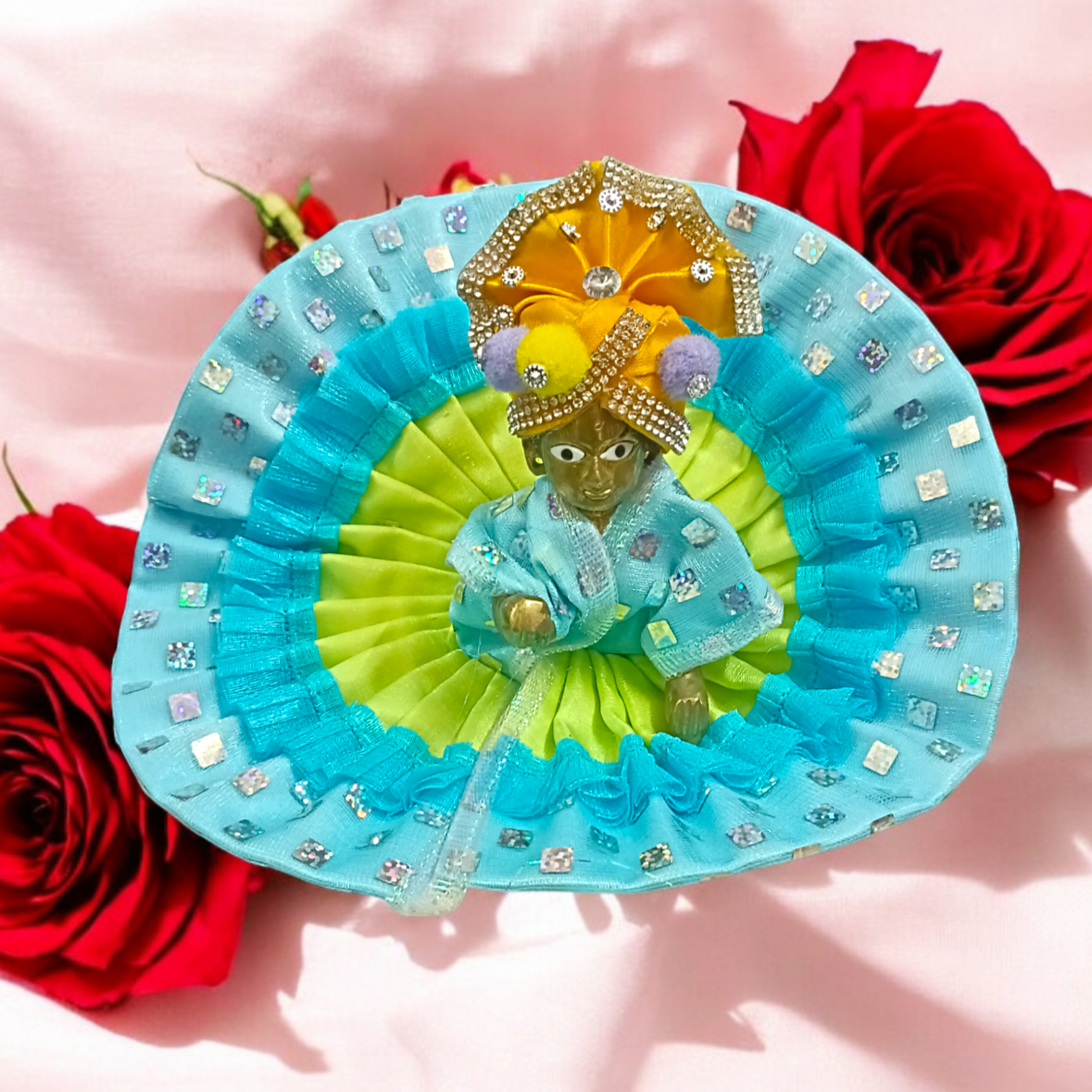 A Set of 6 Laddu Gopal Pagdis designed for size 4 No. Krishna idols, perfect for enhancing the appearance of your Bal Gopal idol during daily worship and festive occasions.