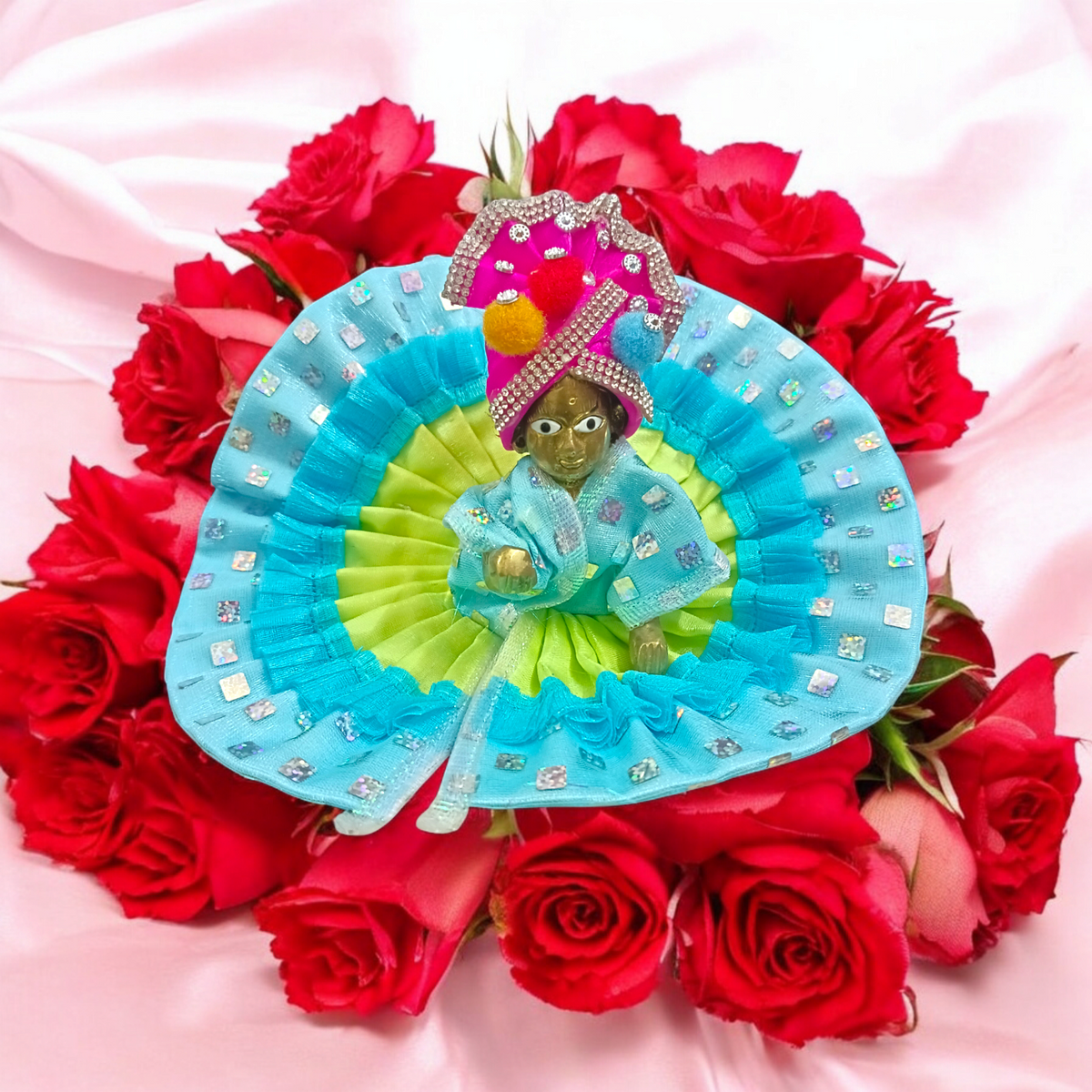 A Set of 6 Laddu Gopal Pagdis designed for size 4 No. Krishna idols, perfect for enhancing the appearance of your Bal Gopal idol during daily worship and festive occasions.
