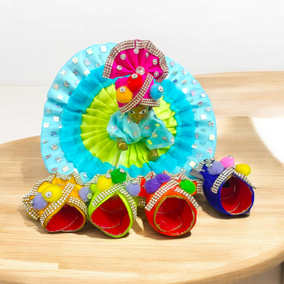 A Set of 6 Laddu Gopal Pagdis designed for size 4 No. Krishna idols, perfect for enhancing the appearance of your Bal Gopal idol during daily worship and festive occasions.