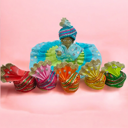 A Set of 6 Laddu Gopal Pagdis designed for size 5 No. Krishna idols, perfect for adorning your Bal Gopal idol during daily worship and festive occasions.