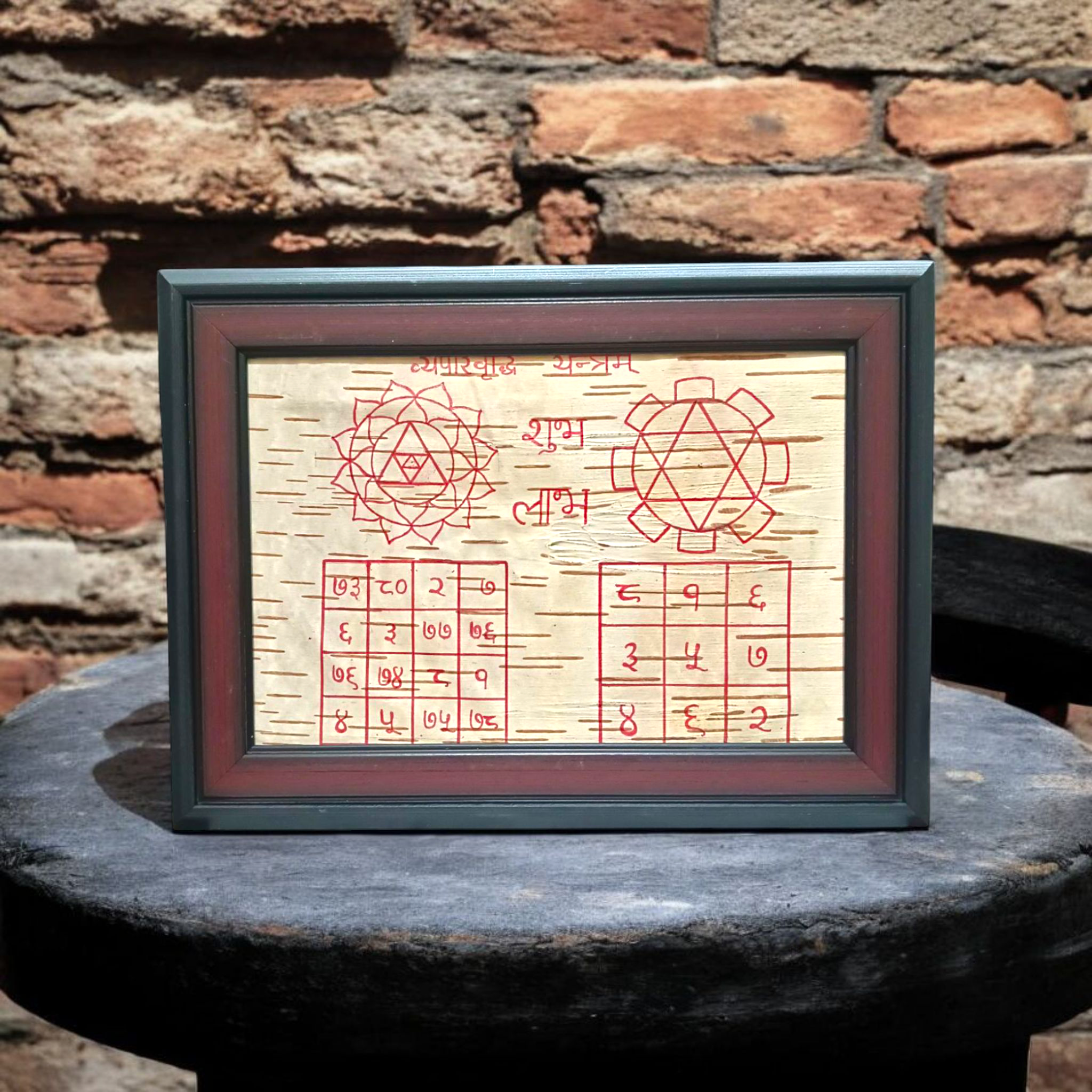 A Vyapaar Vridhi Yantra on Bhojpatra, framed for display, designed to attract business profit, wealth, and financial growth for business owners and entrepreneurs