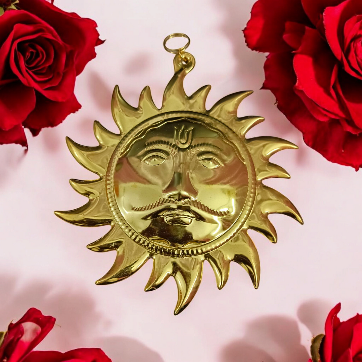 A Wall Hanging Sun made of pure brass with a golden finish, designed to protect from Vaastu dosh, Shani dosh, and accidents, while inviting prosperity and positive energy into your space