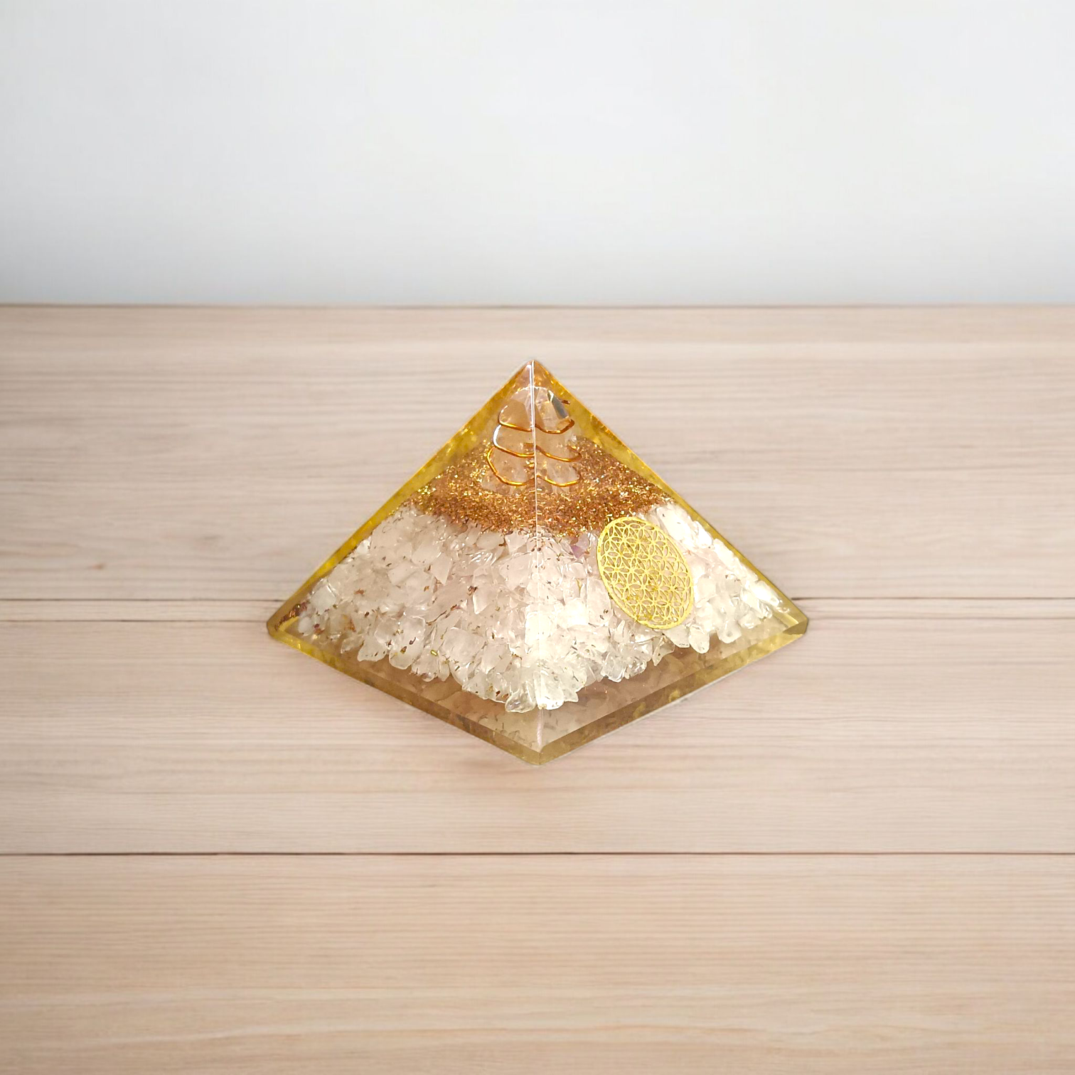 A White Stone Crystal Clear Orgone Pyramid, lab-certified for energy healing, emotional balance, and protection from negative energies and electromagnetic pollution