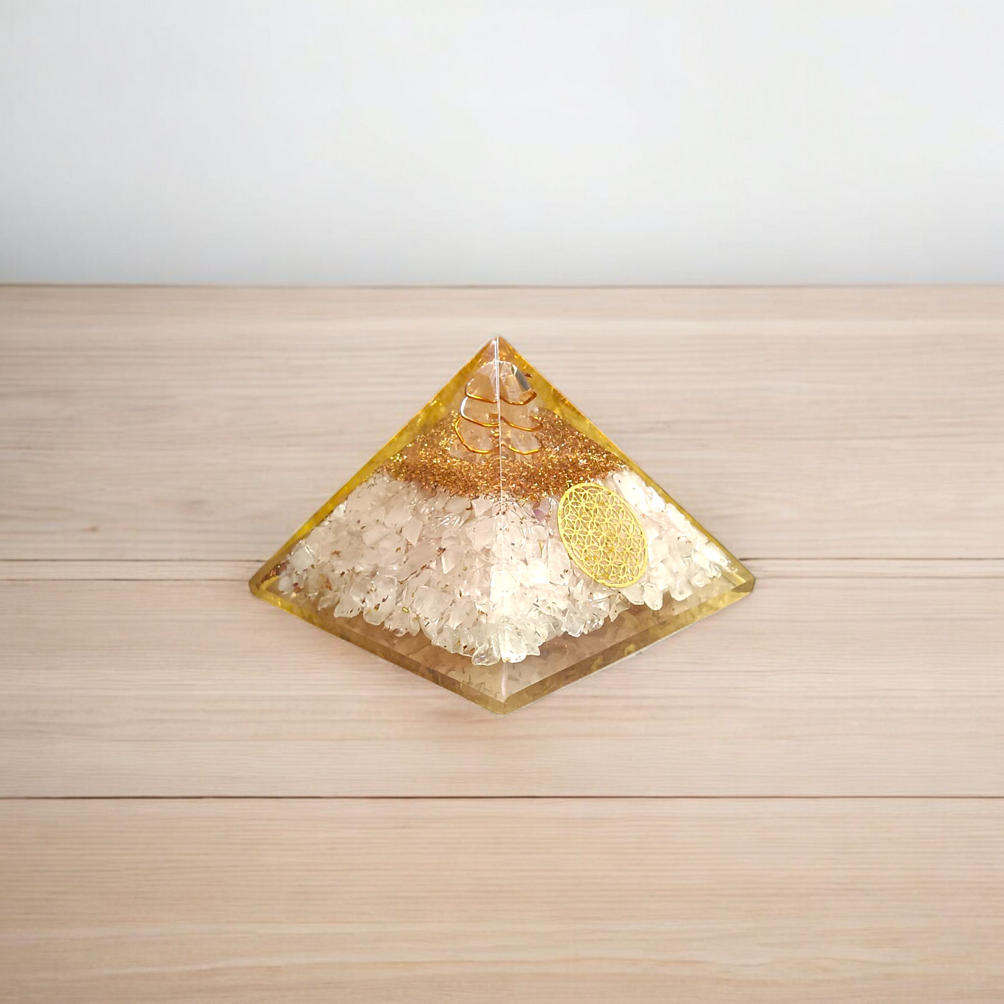 A White Stone Crystal Clear Orgone Pyramid, lab-certified for energy healing, emotional balance, and protection from negative energies and electromagnetic pollution