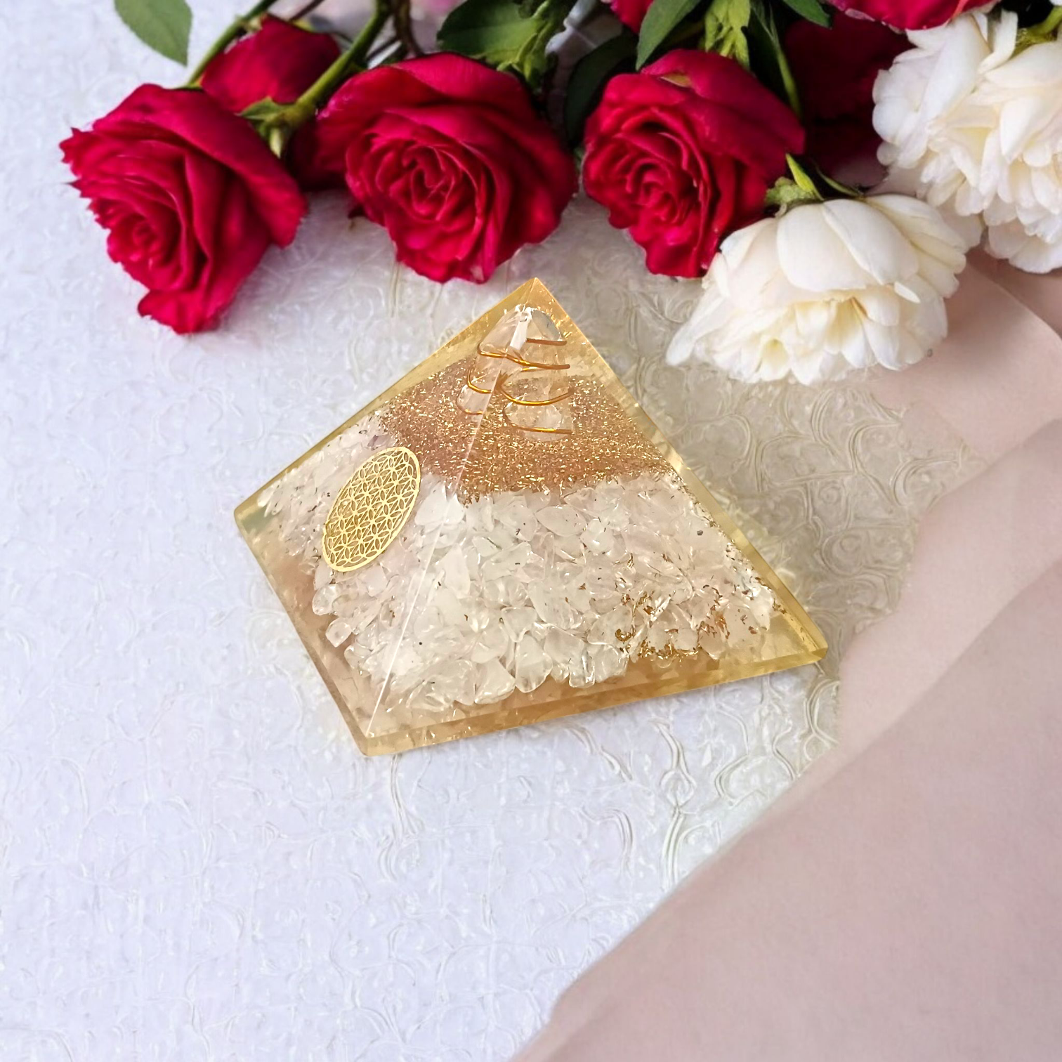 A White Stone Crystal Clear Orgone Pyramid, lab-certified for energy healing, emotional balance, and protection from negative energies and electromagnetic pollution