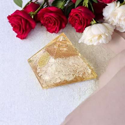 A White Stone Crystal Clear Orgone Pyramid, lab-certified for energy healing, emotional balance, and protection from negative energies and electromagnetic pollution