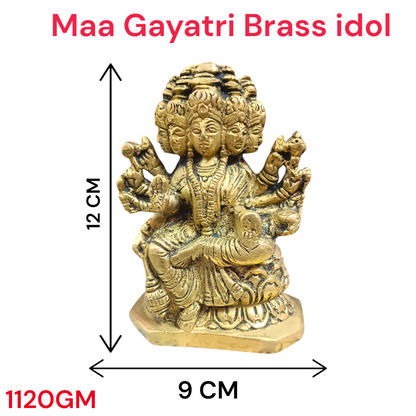 A beautiful 4-inch Gayatri Mata brass murti, gold-plated, with intricate craftsmanship, representing wisdom, knowledge, and spiritual enlightenment.