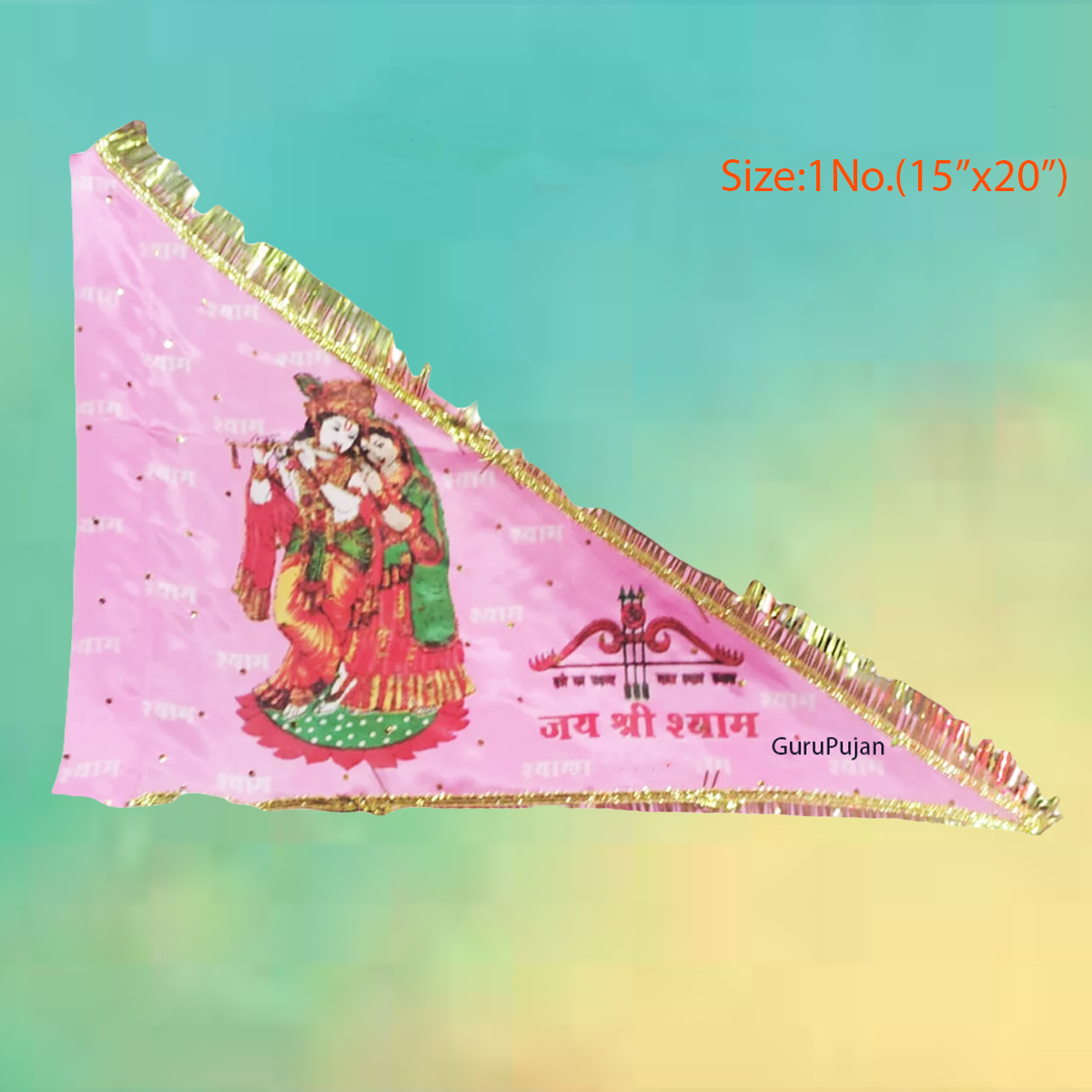 A beautiful pink Radha Krishna flag with the sacred mantra "Jai Shri Shyam" printed on it, ideal for religious ceremonies and home decoration.